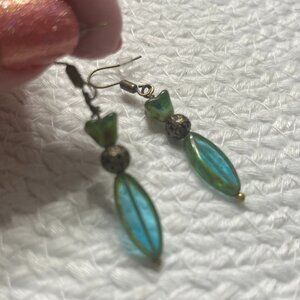 Rustic GREEN CZECH GLASS & BELLFLOWERS Handmade Antique Bronze Earrings #933D